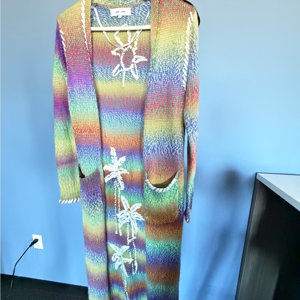 John + Jenn Rainbow Stripe Palm Tree Knit Cardigan